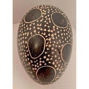 Vintage Kisii Soapstone Egg African Carved Circles Dotted Black Polka Dots 3"